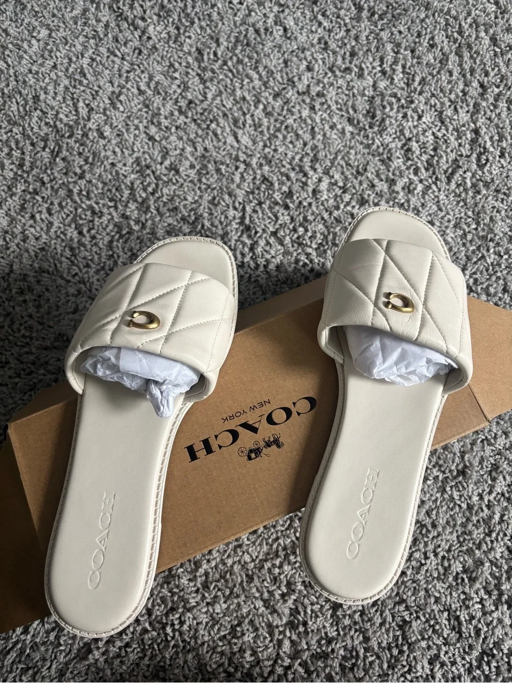Coach Quilted Cream Slide Sandals with Gold Accent
